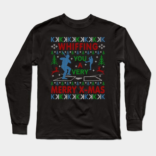 Baseball Fan Baseball Pitcher Funny Ugly Christmas Sweater Pattern Whiffing You a Merry Christmas Long Sleeve T-Shirt by TeeCreations